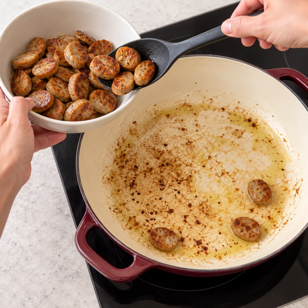 Retire les rondelles dorées de la sauteuse et réserve-les dans un bol. Garde la sauteuse pour les légumes.