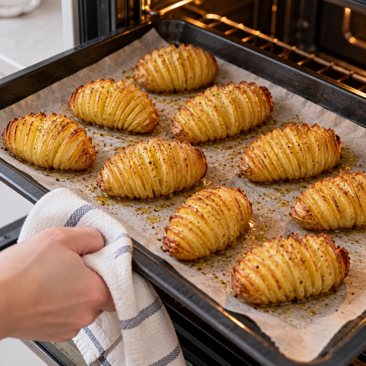 Plaque de pommes de terre Hasselback cuites et dorées sans fromage ni lardons.