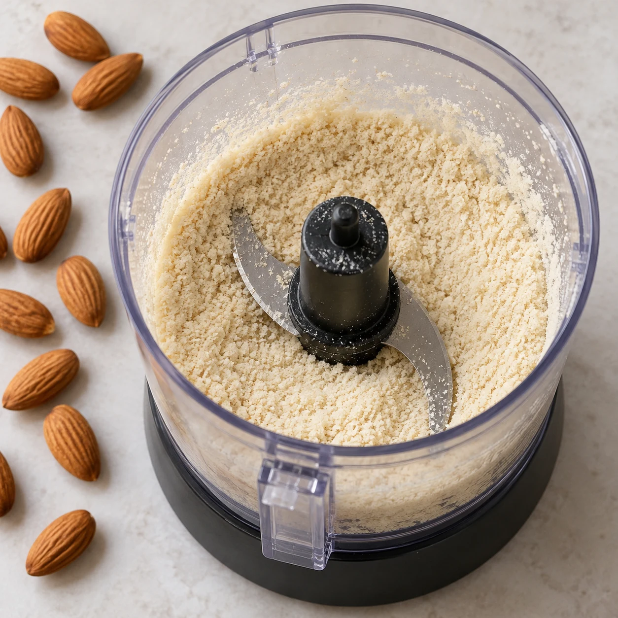 Petit mixeur arrêté contenant une poudre très fine d’amandes, lumière naturelle, sans emballage ni texte.