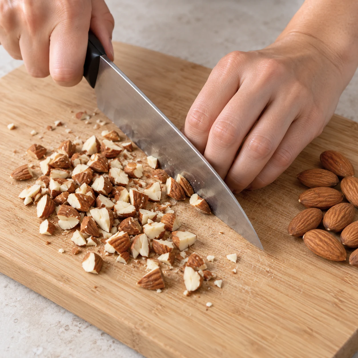 Hache grossièrement une poignée d’amandes sur une planche stable. Garde les doigts repliés loin de la lame. Une seule photographie carrée, une seule phase.