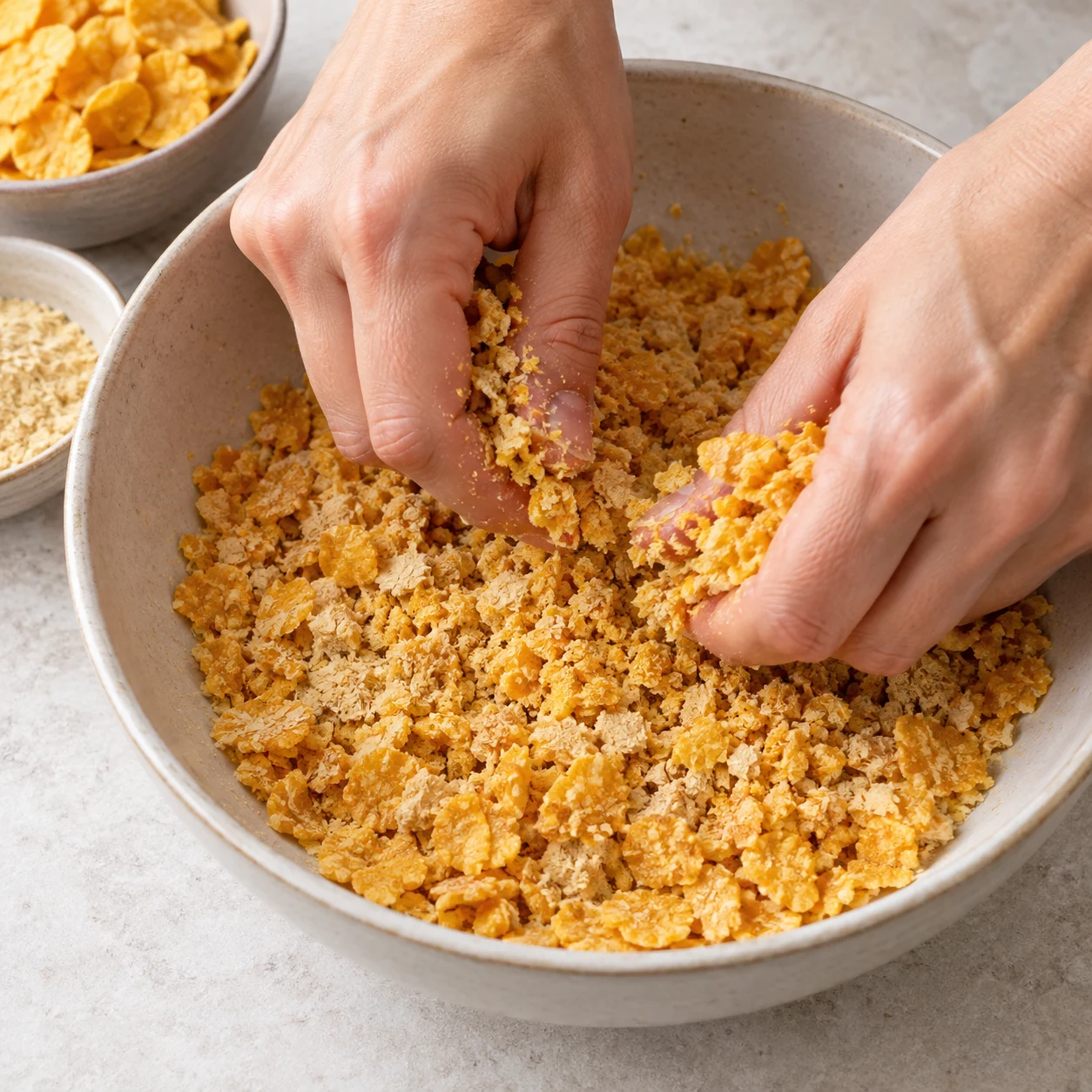 Écrasez les 70 g de corn flakes avec les 15 g de levure maltée dans un récipient, en gardant des miettes grossières. Une seule phase de préparation. Gros plan carré sur les aliments et le geste ; mains adultes anonymes uniquement si nécessaire.