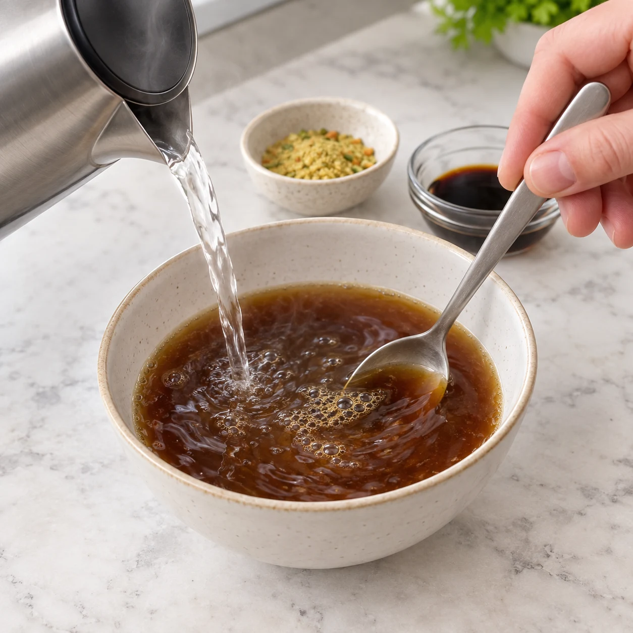 Mélange le bouillon de légumes et les 2 càs de sauce soja à de l’eau bouillante dans un bol résistant à la chaleur. Ce mélange servira uniquement à mouiller la poêle, sans bain de réhydratation. État visible : Le bouillon est dissous dans le liquide chaud.