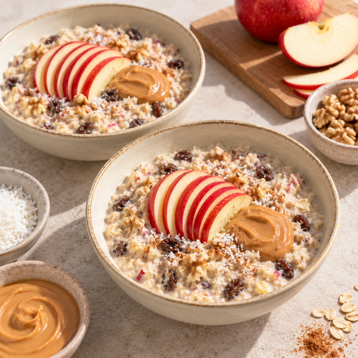 Deux bols de bircher avec éventail de pomme rouge et petite cuillerée beige de purée de cacahuète. Aucun yaourt en topping, aucune graine de courge ou de chanvre.
