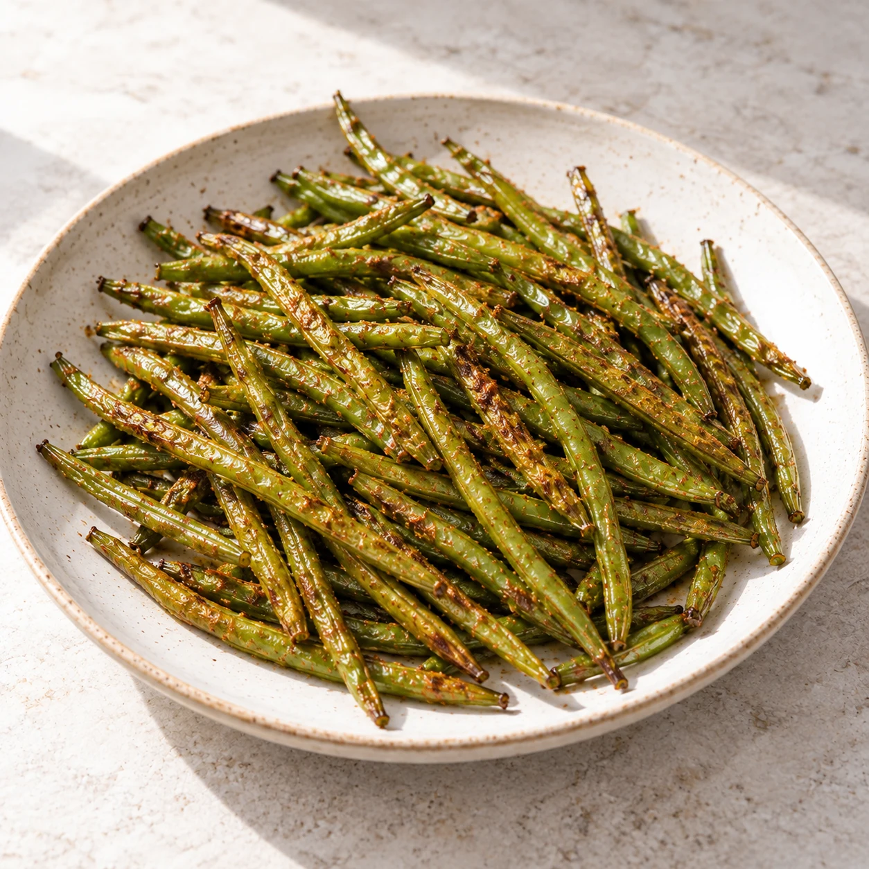 Haricots verts fins entiers rôtis, légèrement ridés et dorés, seuls dans une assiette neutre, sans sauce ni graines apparentes.