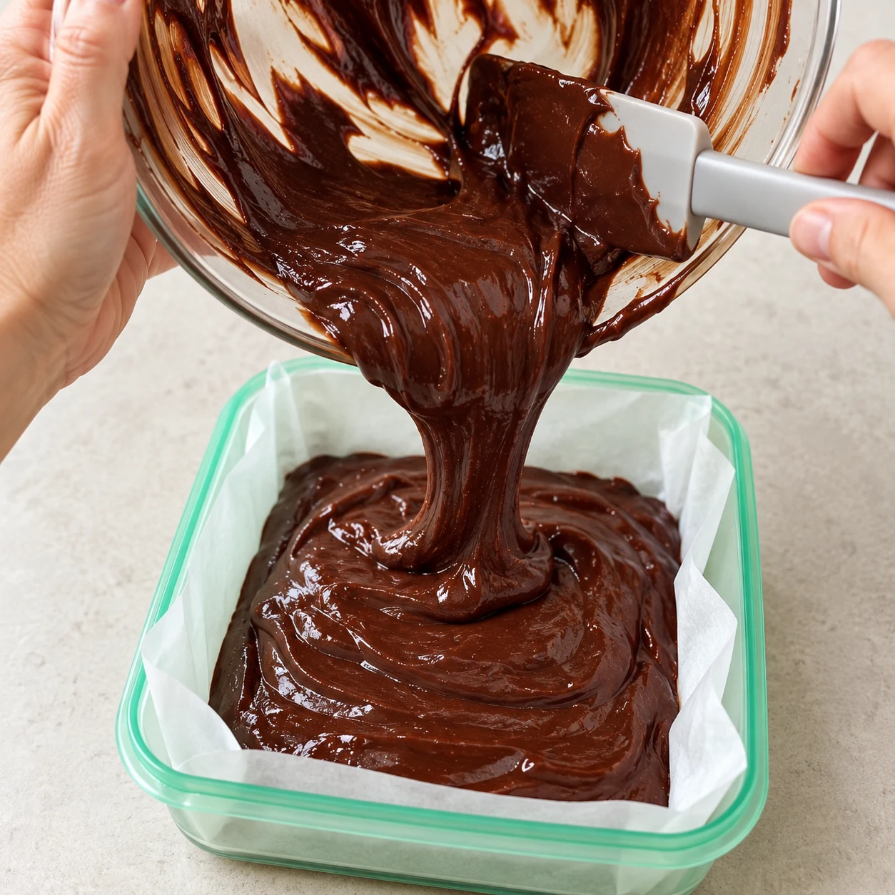 Une main tient le bol et la spatule pendant que le mélange chocolat-cacahuète coule dans la boîte chemisée.