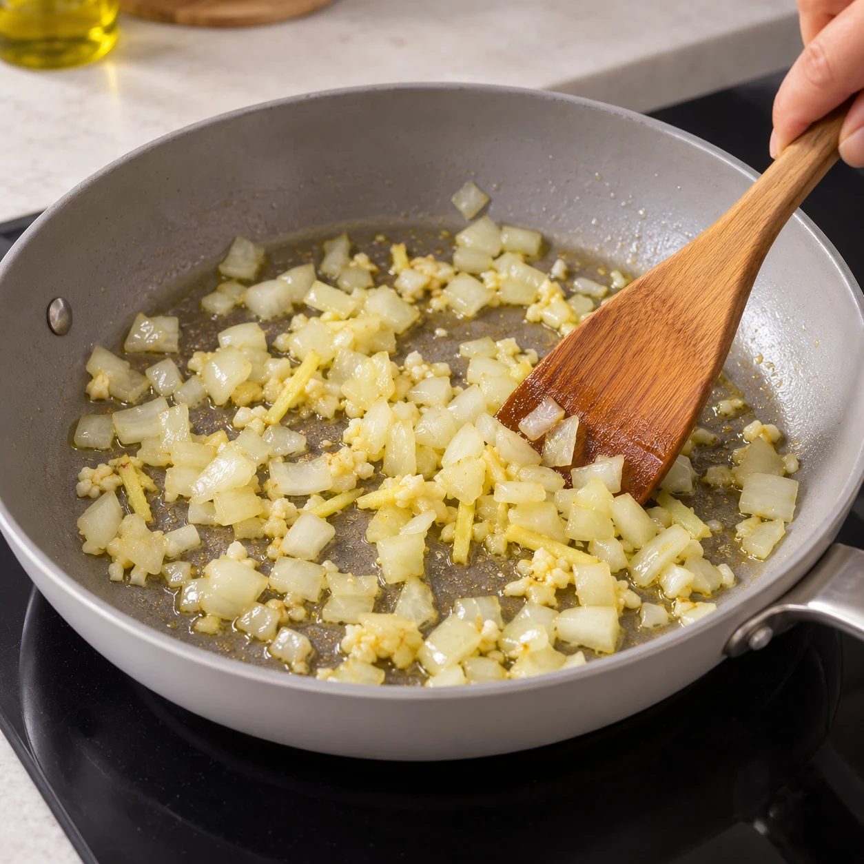 Oignon en dés, ail et gingembre revenus dans une poêle huilée; spatule remuant les aromates.