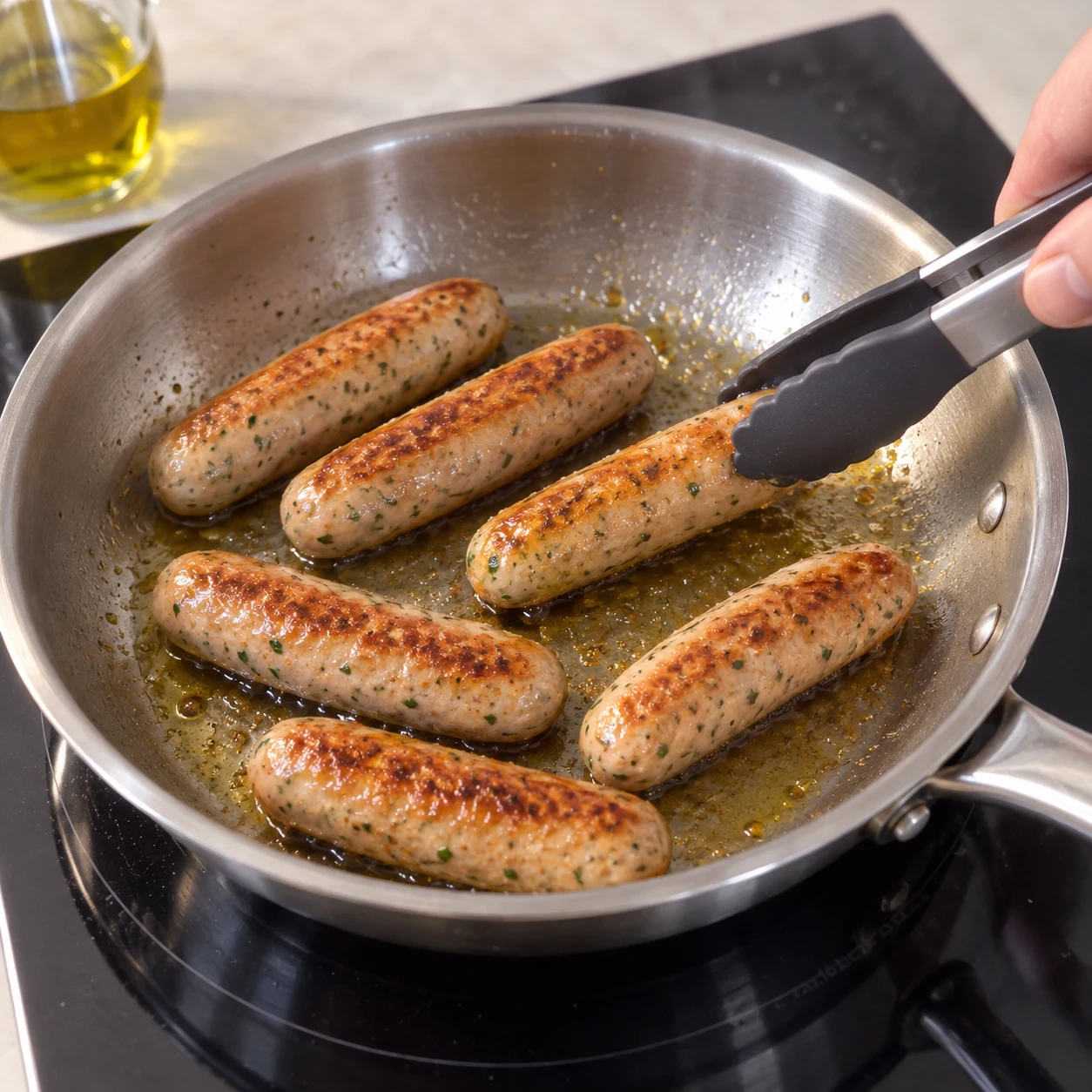 Chipolatas végétales beige rosé aux herbes cuisant entières en poêle.
