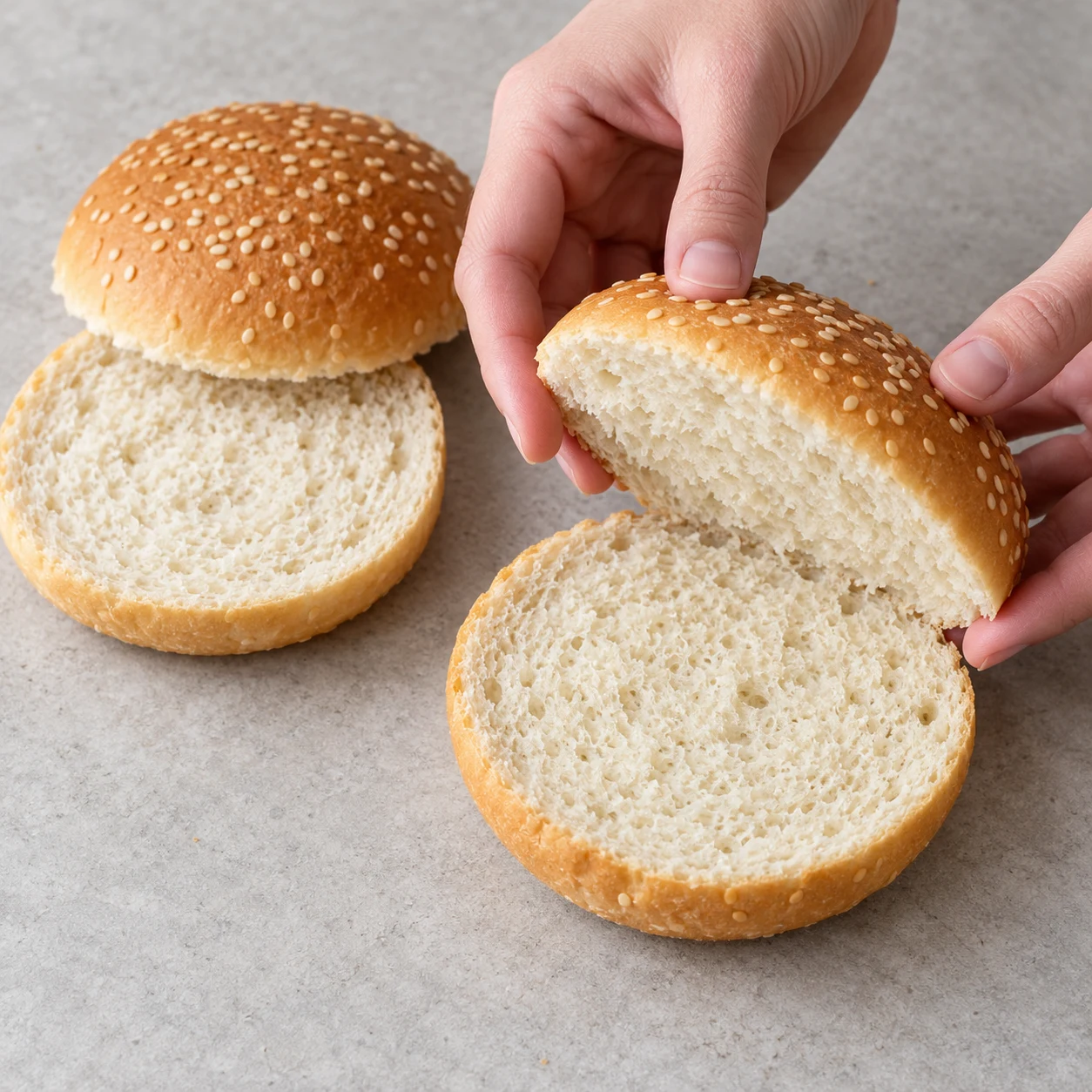 Ouvrez les deux pains à burger horizontalement (166 g au total). Montrer seulement cette action et les ingrédients déjà présents.