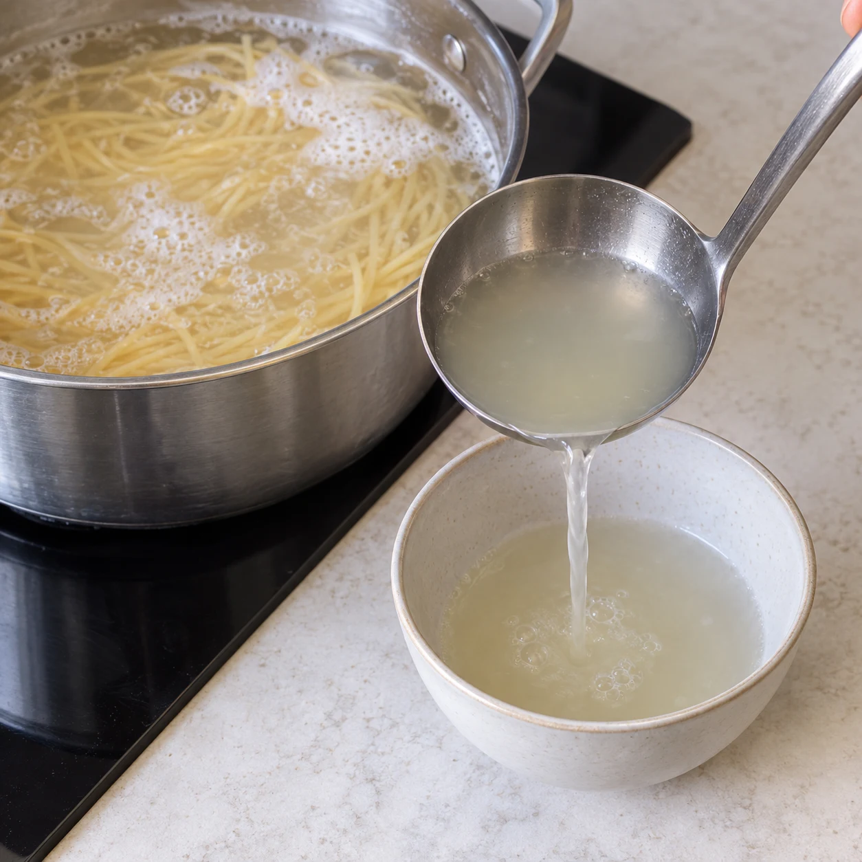 Prélevez un peu d’eau de cuisson des pâtes et réservez-la dans un récipient résistant à la chaleur. Montrer seulement l’action et cet état de cuisson.