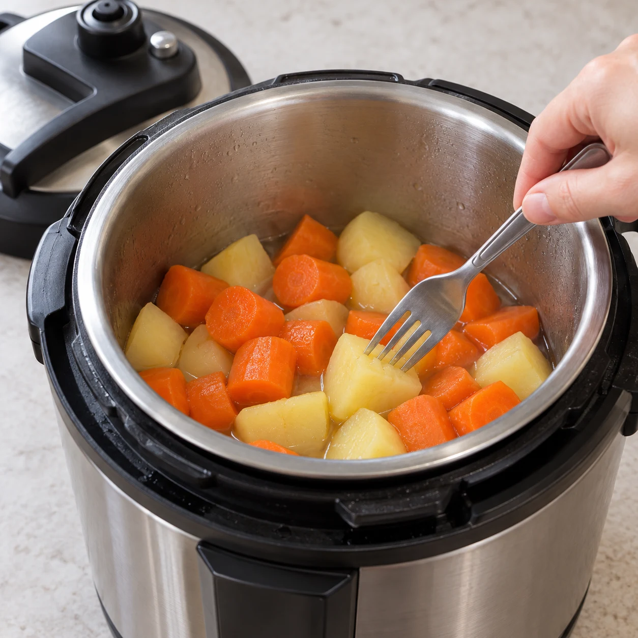 Cuire les légumes sous pression : Après décompression, une fourchette pénètre facilement dans les morceaux de carotte et de pomme de terre.
