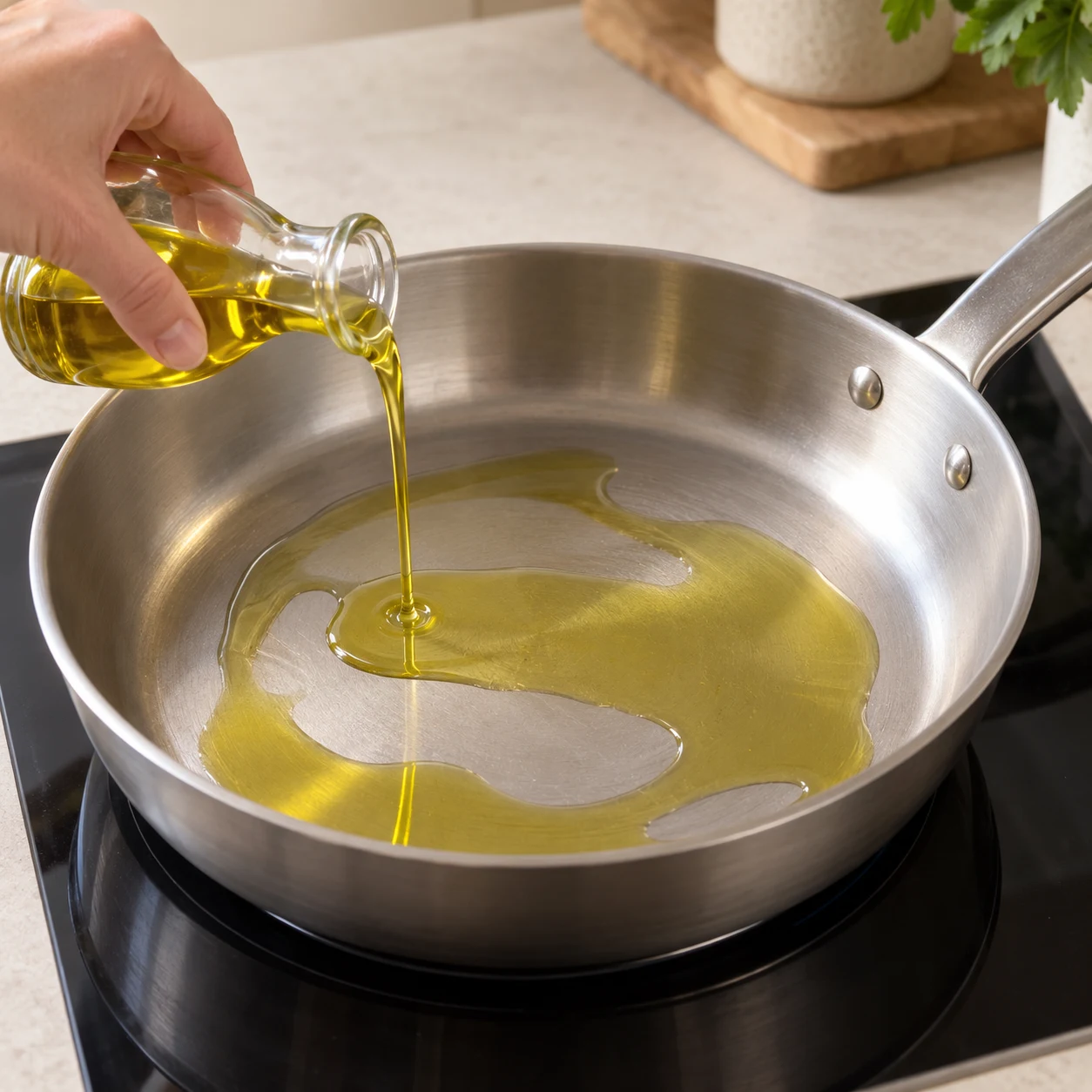 Faites chauffer les 2 cuillères à soupe d’huile d’olive dans une poêle à feu moyen. Montrer une seule phase et uniquement les ingrédients cités.