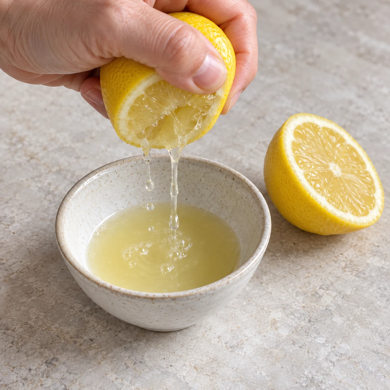 Photographie carrée de l’action : Presser le citron. Le jus est recueilli sans pépin et les écorces restent disponibles. Ingrédients exclusivement ceux de cette étape ; jambon et fromages sont végétaux.