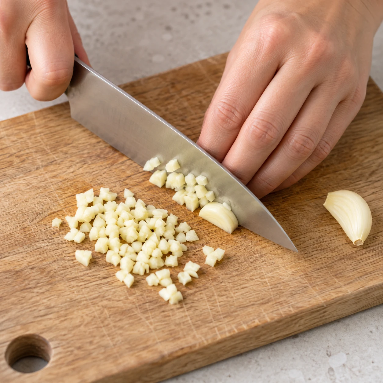 Hachage d’une gousse d’ail sur planche stable.