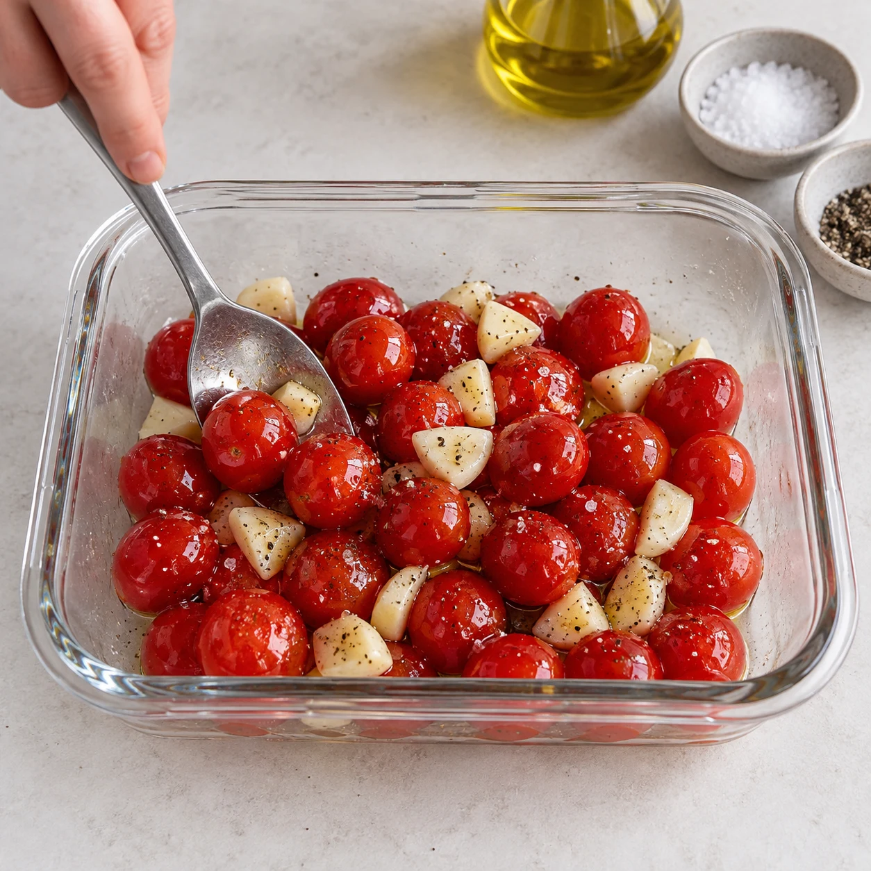 Mélange les tomates et l’ail avec l’huile d’olive pour la cuisson, le sel nature et le poivre selon le goût.