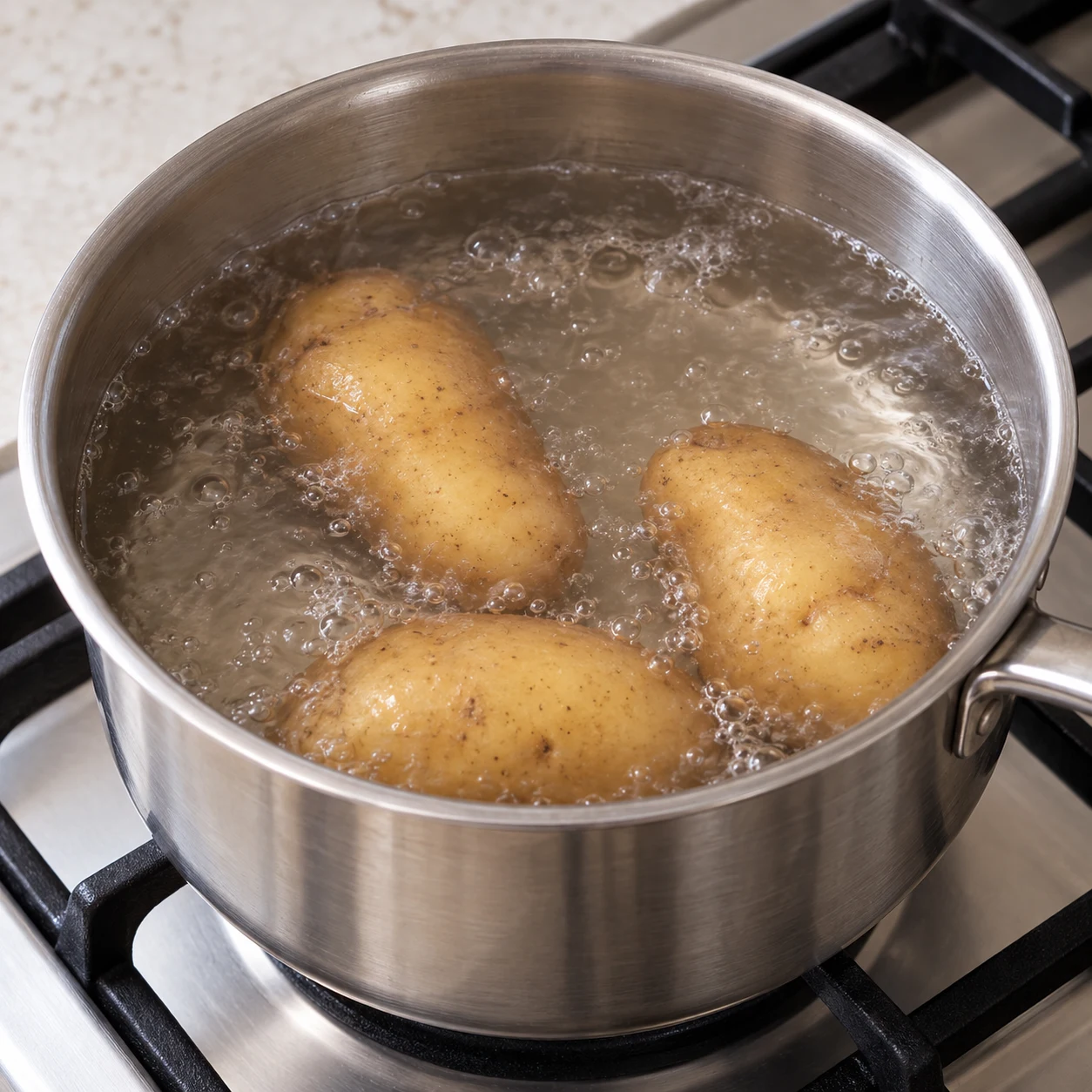 Cuire les pommes de terre : montrer uniquement cette phase, avec les ingrédients véganes de la liste et des mains adultes anonymes si nécessaires.