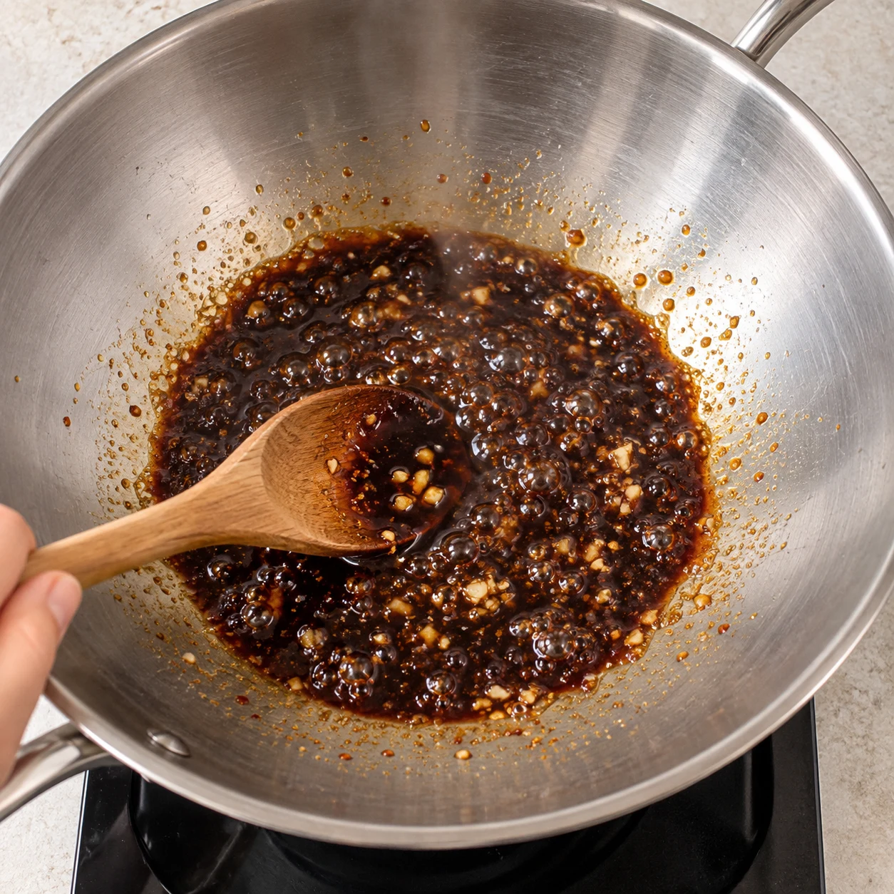 Une cuillère mélange la sauce soja brun foncé avec l’ail, les huiles, le vinaigre et traces de piment moulu dans un wok.