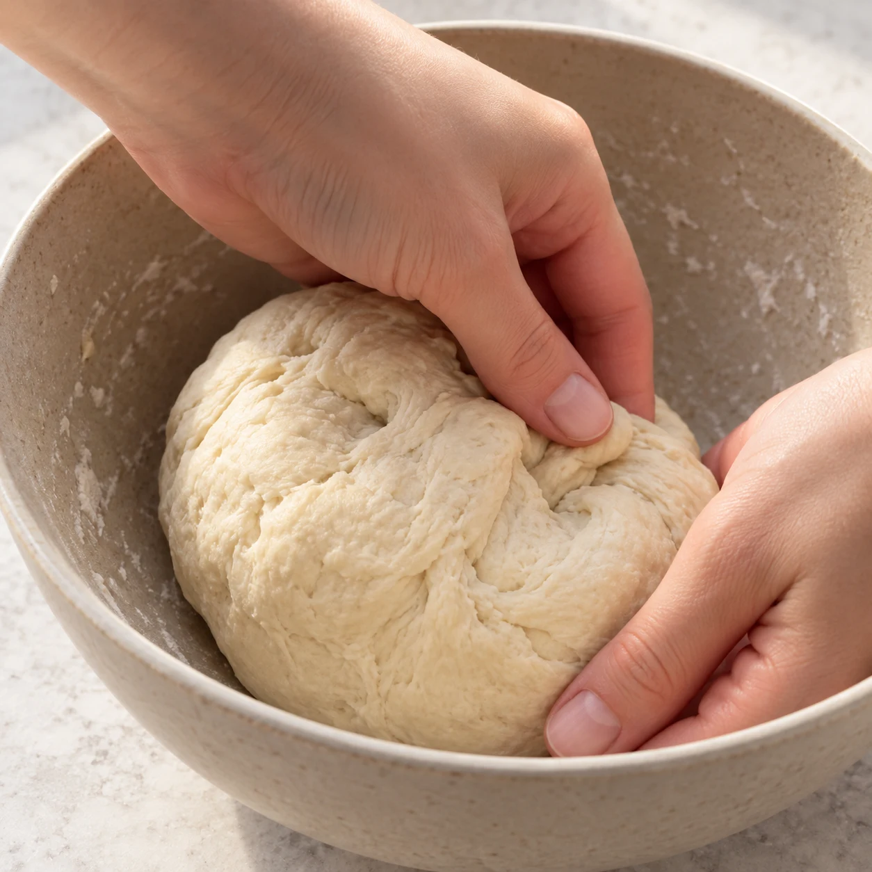 Rassembler la pâte à la main. La pâte tient en une boule homogène.