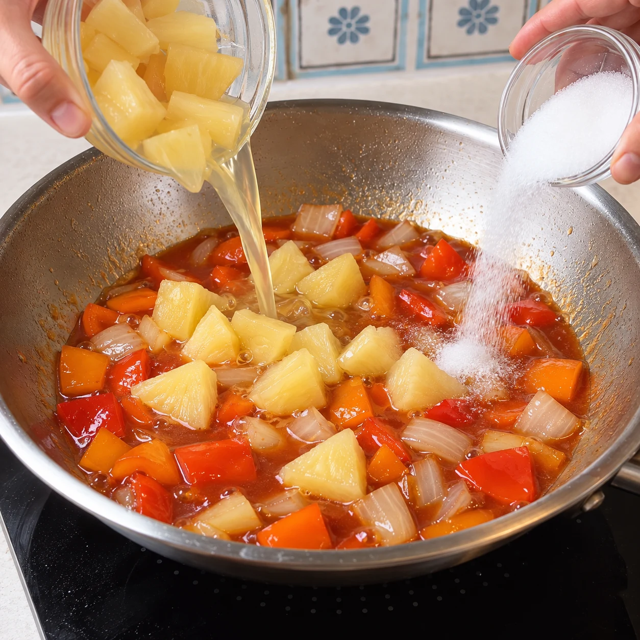 Ajouter les morceaux d’ananas, environ 100 ml du jus réservé et les 20 g de sucre. Le résultat à reconnaître : L’ananas baigne avec les légumes dans la sauce.
