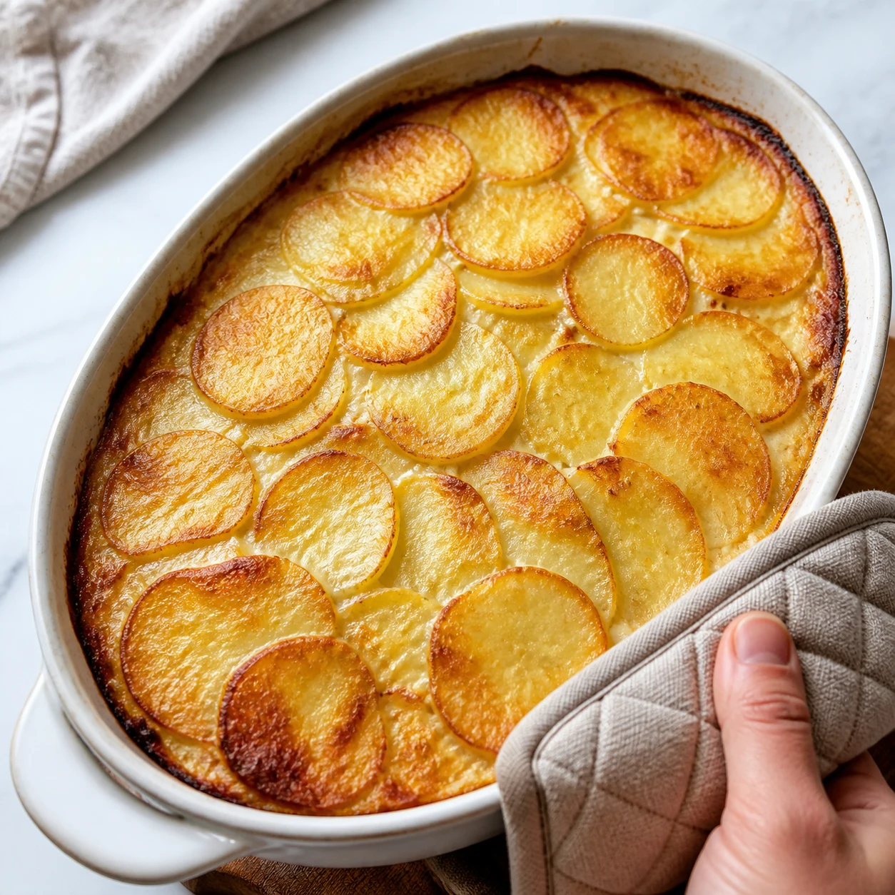 Gratin dauphinois végétal tout juste sorti du four, dessus doré et fines rondelles fondantes.