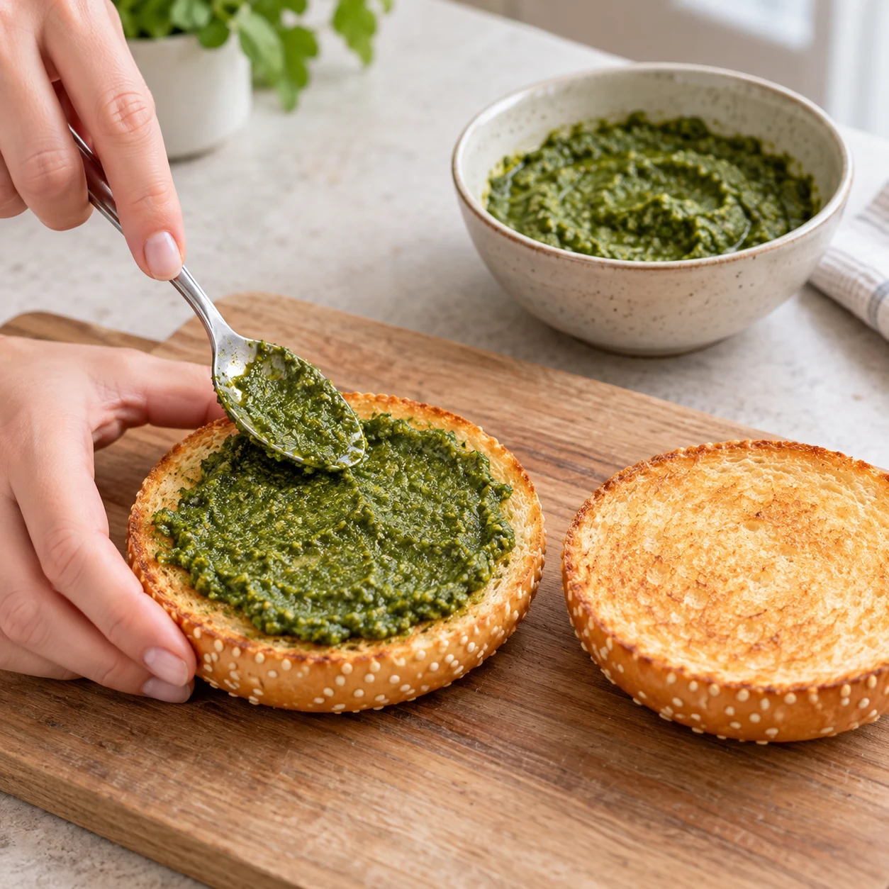 Étalez le pesto végétal au miso sur la base de chaque pain, comme dans le montage de la recette d’origine. La source ne chiffre pas la quantité de cette garniture. Les pains réellement disponibles sont parsemés de graines de sésame ; ne pas ajouter de sésame ailleurs.