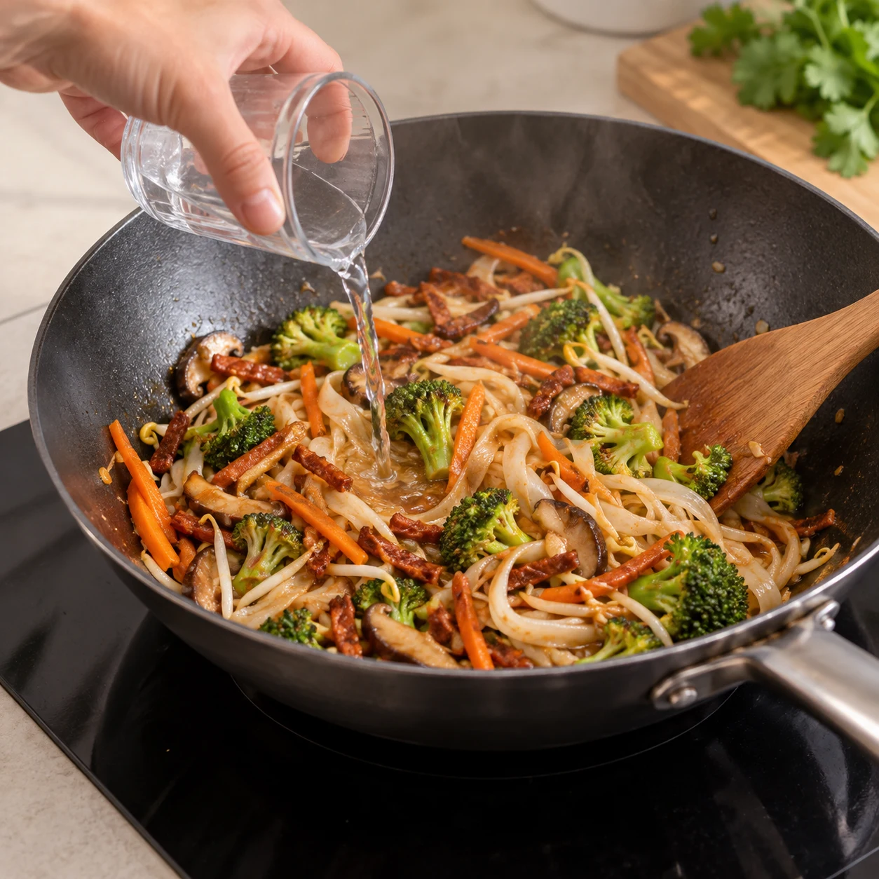 Petit ajout d’eau au wok de nouilles et légumes.