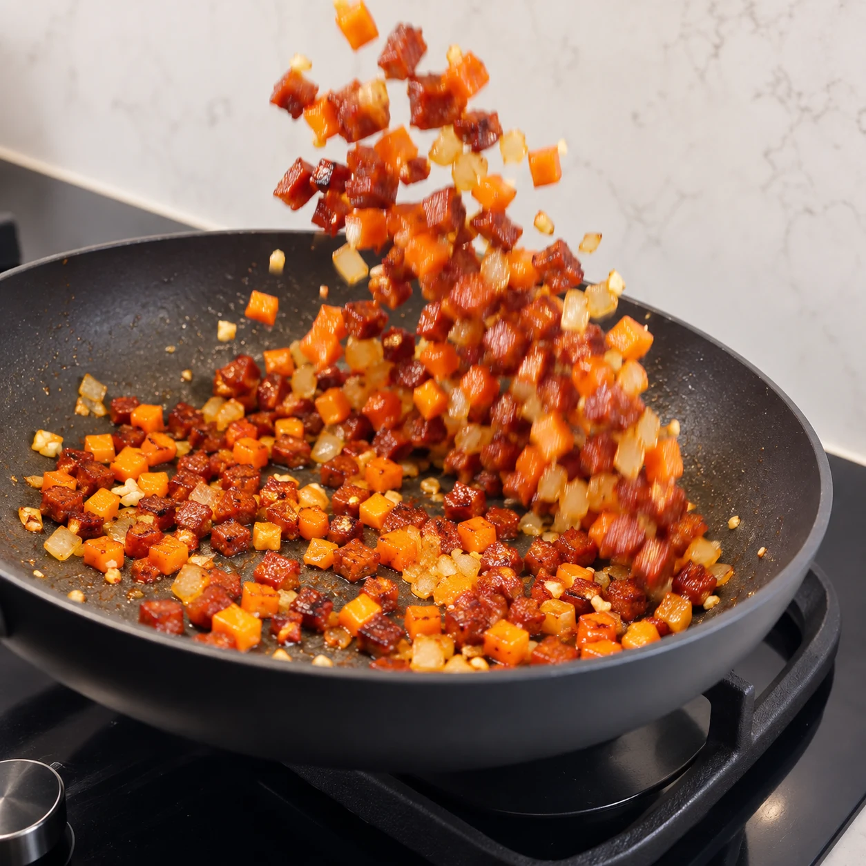 Une seule photo carrée montrant faire sauter la carotte. Les dés de carotte sont attendris et conservent une légère tenue. Seulement les ingrédients déjà présents : Mini chorizo végétal, Mini chorizo végétal, Huile de tournesol, Oignon jaune, Ail, Carotte. Les dés sont rouge-brun de chorizo entièrement végétal, sans viande ni morceaux de gras blanc.