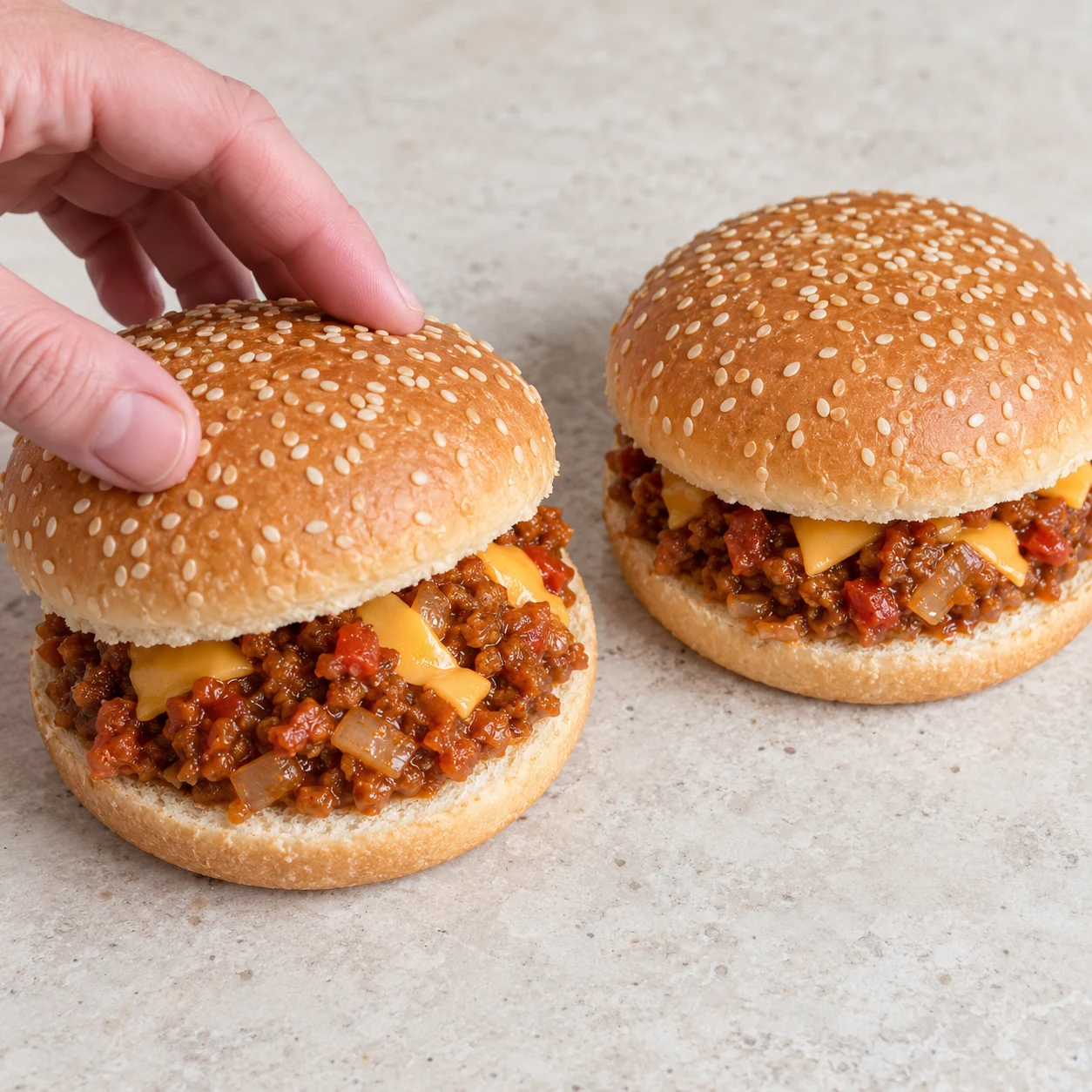 Refermer les burgers. Les deux burgers sont refermés. Une seule action, plan de travail pierre pâle, ustensiles neutres ; seulement les ingrédients de cette étape.