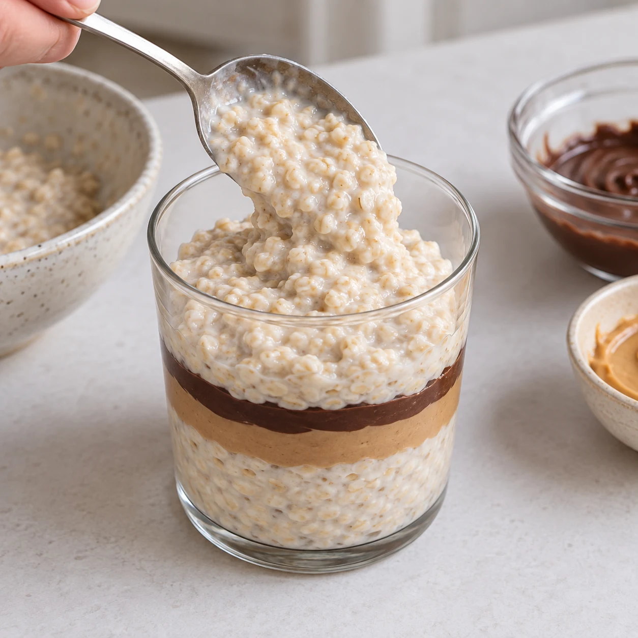 Photographie de cette seule phase : Verser le reste de porridge sur la première couche de chocolat. État final : Deux couches claires de porridge sont séparées par la ganache et le chocolat. Recette bis : base à l’avoine crémeuse, sans graines de chia ni poudre protéinée. Référence originale pour le montage, adaptation documentée pour les ingrédients.