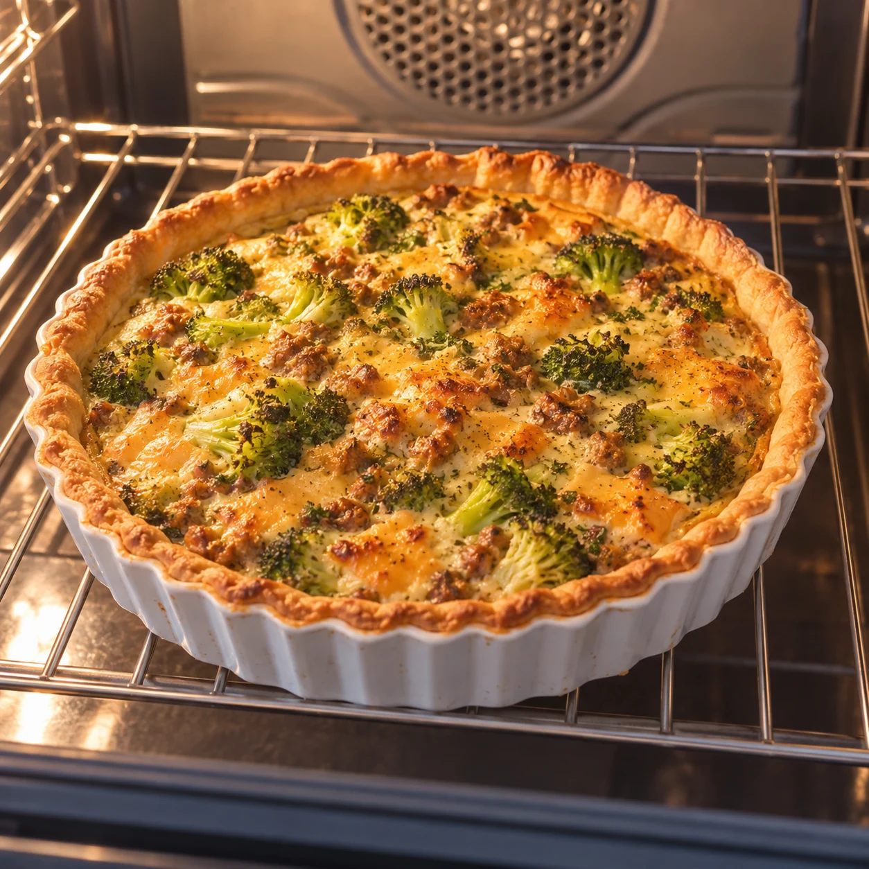 Cuire la quiche : Le bord de pâte est doré et le centre de l’appareil est pris sans liquide libre. Photographie réaliste, ingrédients finaux uniquement, mains anonymes si le geste l'exige.