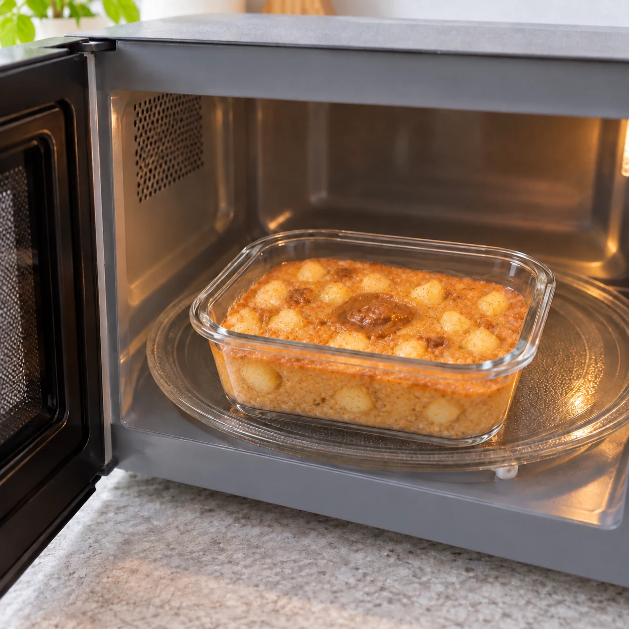 Un petit contenant rectangulaire en verre, sans couvercle, contenant un bowl pomme et spéculoos cuit, posé dans un micro-ondes ouvert ; lumière claire, aucun chiffre, aucun texte.