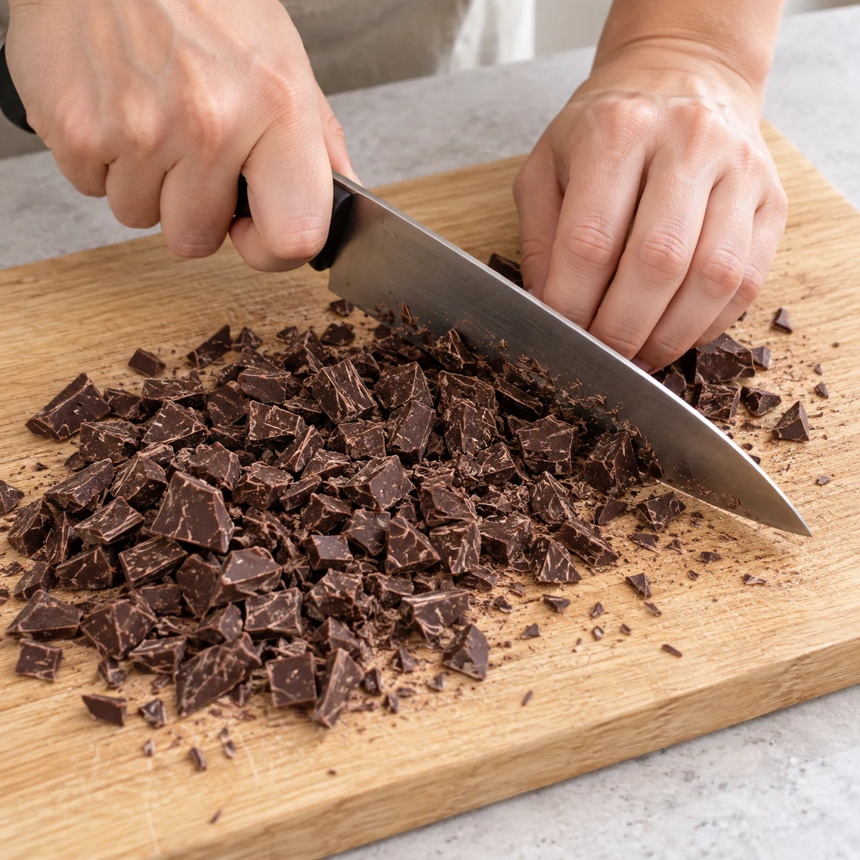 Mains adultes anonymes coupant du chocolat noir sur une planche stable, prise sûre du couteau.