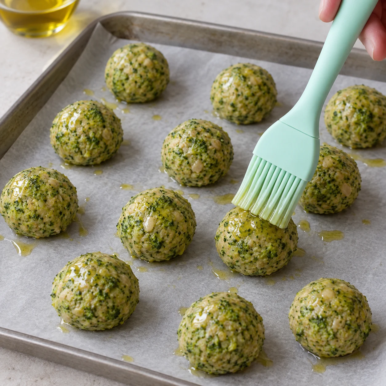 Disposez les boulettes sur la plaque préparée et enrobez-les d’huile d’olive, en les roulant ou avec un pinceau comme dans la recette d’origine. Montrer uniquement cet état, sur pierre pâle et sans texte.