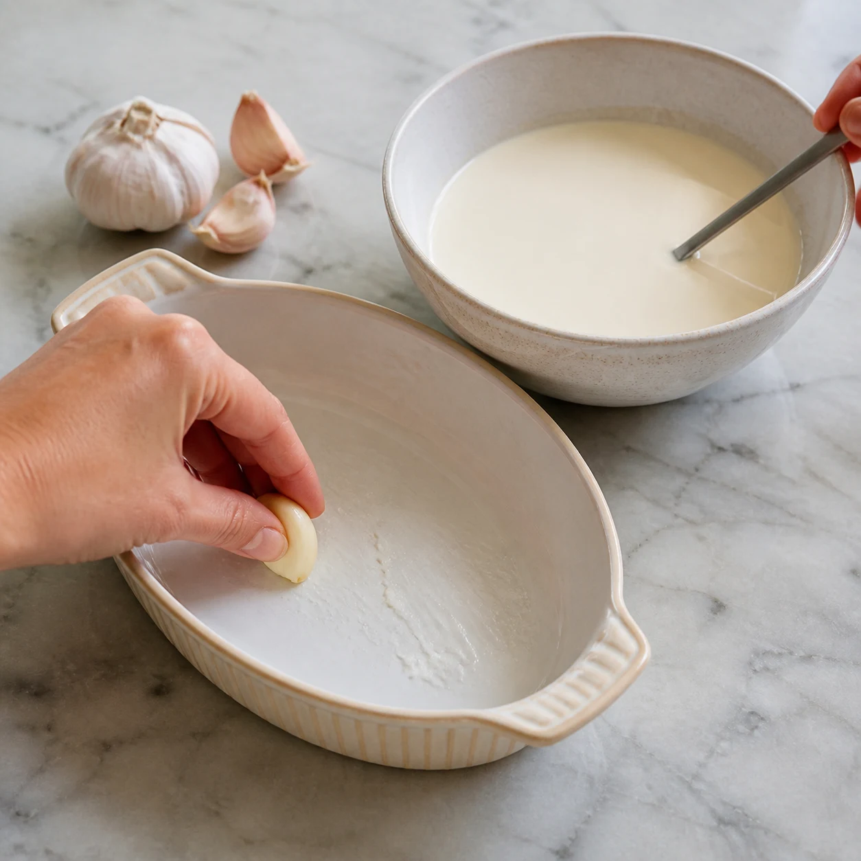 Plat à gratin frotté à l’ail, bol de mélange blanc de boisson et crème de soja.