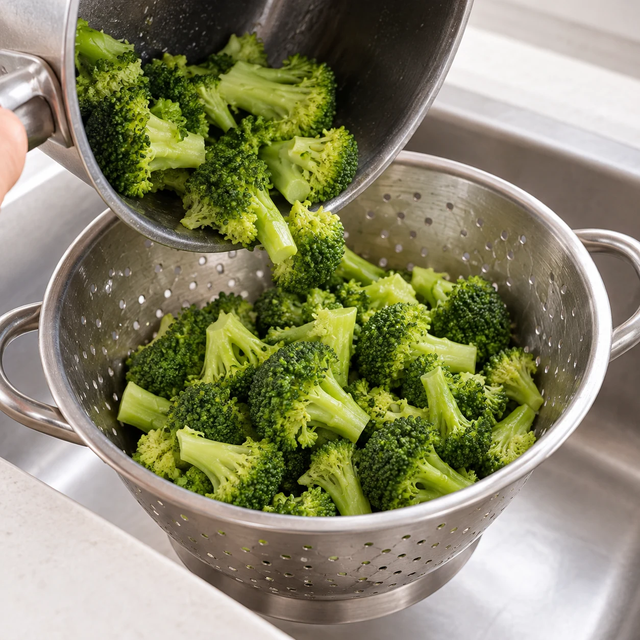 Égoutter le brocoli : Le brocoli ne goutte plus et aucune eau libre ne reste sous les fleurons. Photographie réaliste, ingrédients finaux uniquement, mains anonymes si le geste l'exige.