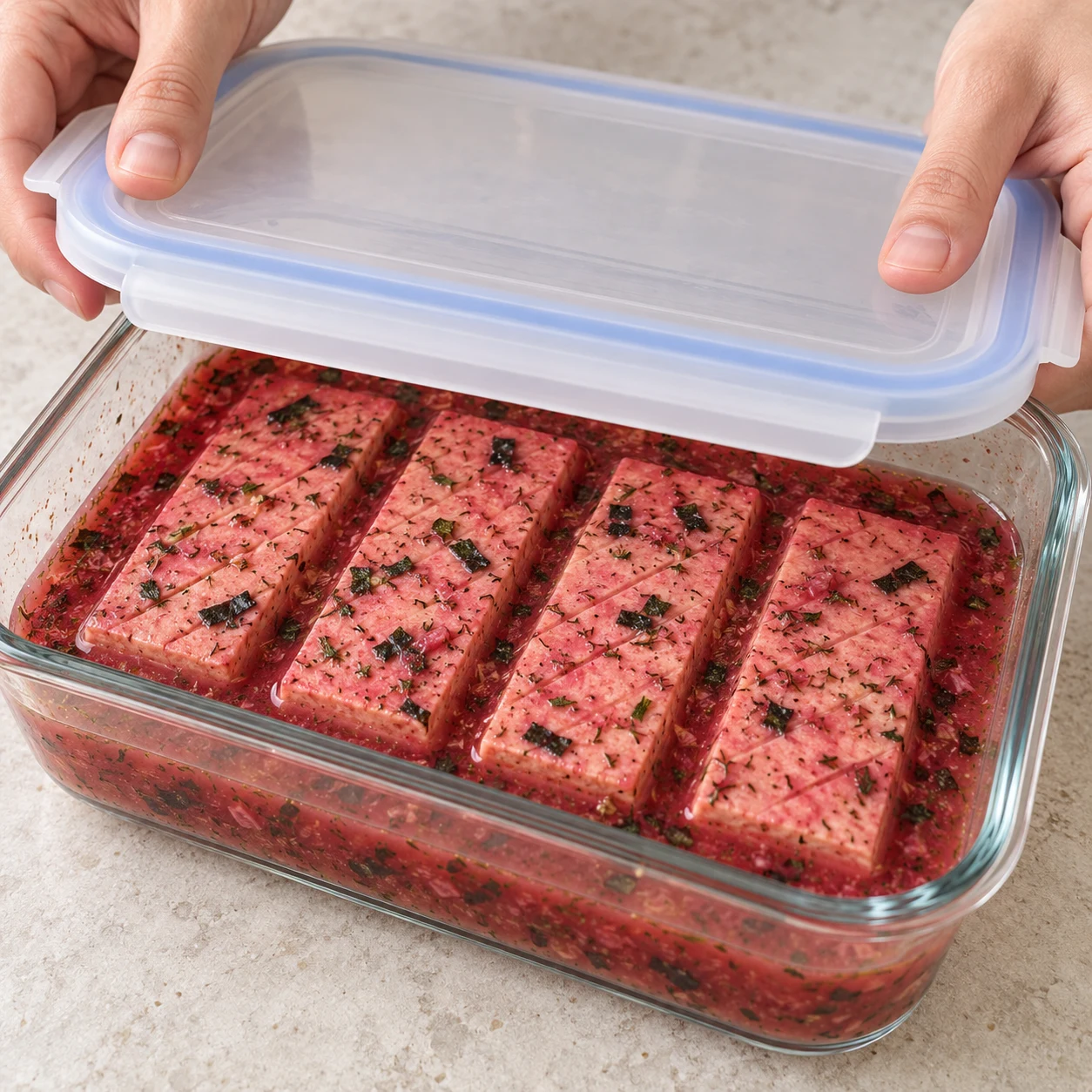 Les filets ont pris une coloration rosée et restent dans leur marinade.