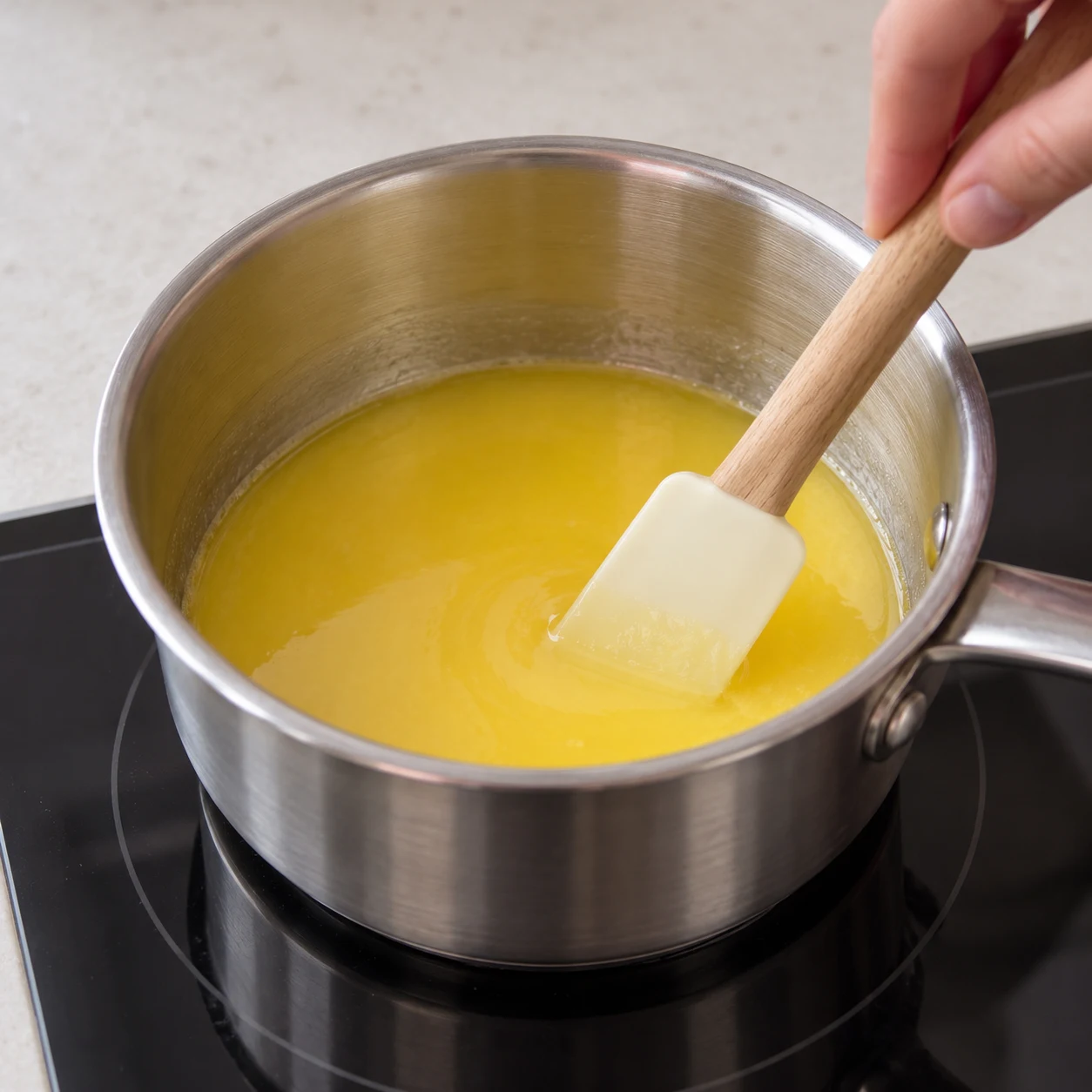 Fais fondre doucement les 130 g de margarine végétale dans une petite casserole, sans la faire brunir. Résultat à montrer : La margarine est liquide, sans morceaux solides ni coloration brune.