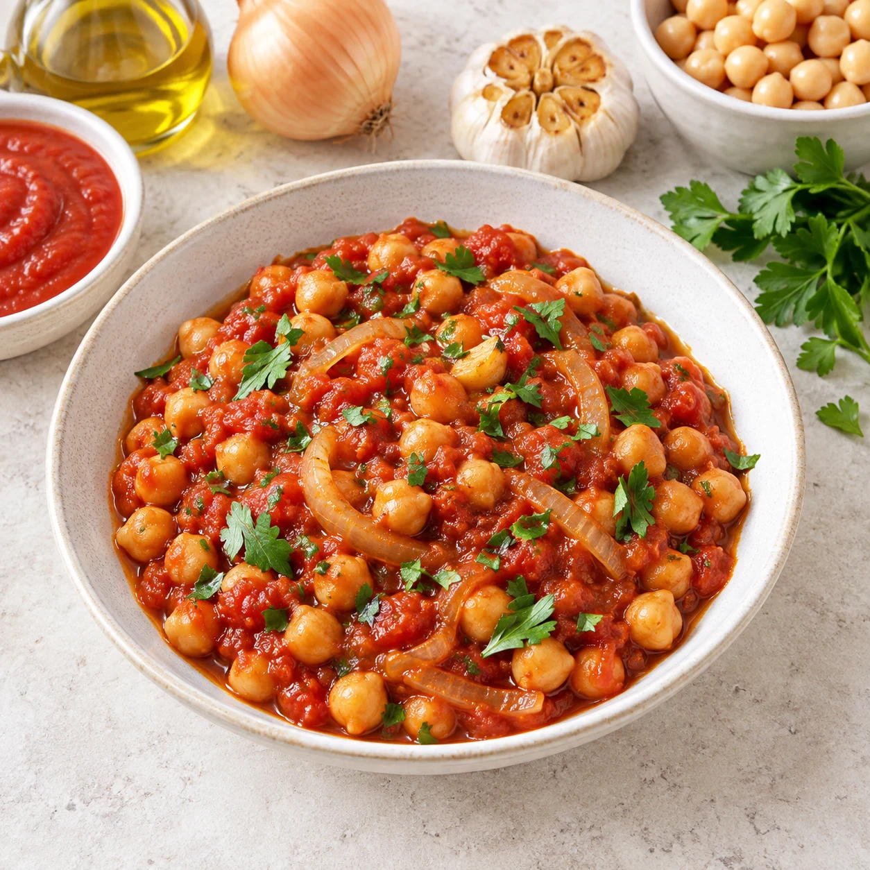 Pois chiches sauce tomate et ail rôti