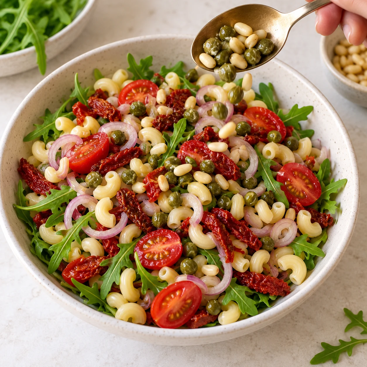 Cuillère dispersant câpres vertes et pignons beige sur salade végétale sans jambon ni crème. Les pâtes éventuelles de cette adaptation sont des coquillettes courtes jaunes courbées et creuses, pas des radiateurs.