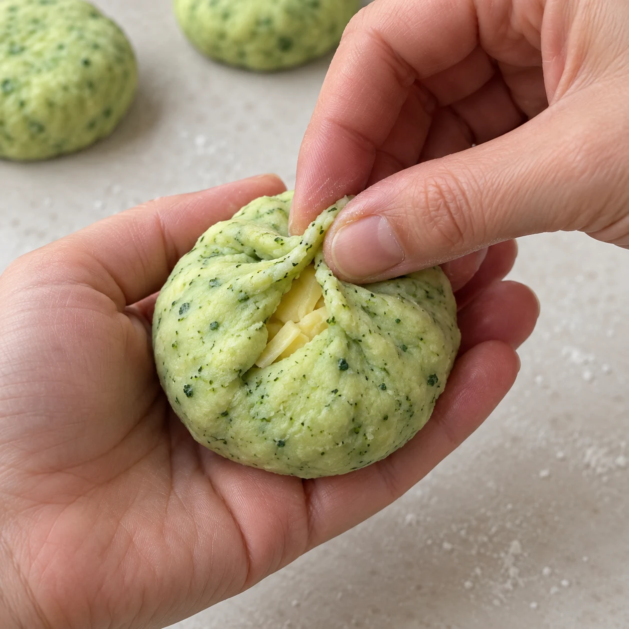 Mains anonymes pinçant les bords de pâte verte pour enfermer le fromage végétal.