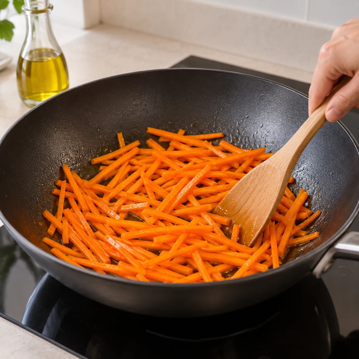 Bâtonnets de carotte orange dans un wok, spatule en bois ; seuls carottes et huile sont introduits.