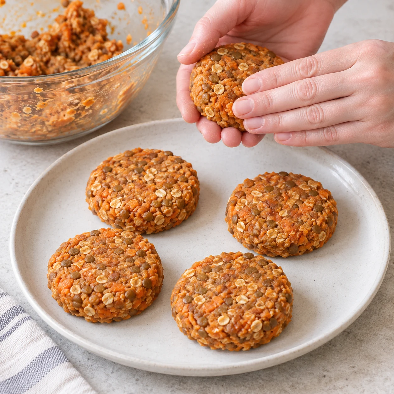 Mains adultes anonymes façonnant un palet épais orange avec grains de lentilles et flocons visibles.