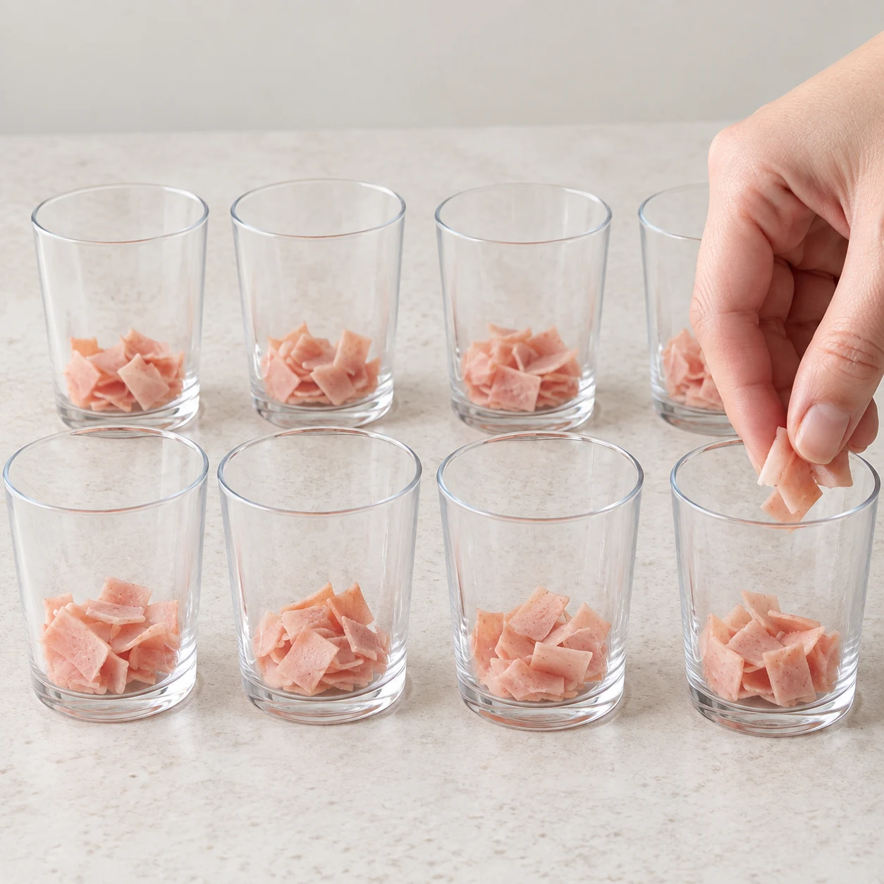Quelques petits morceaux roses de tranches végétales au fond de verres transparents.