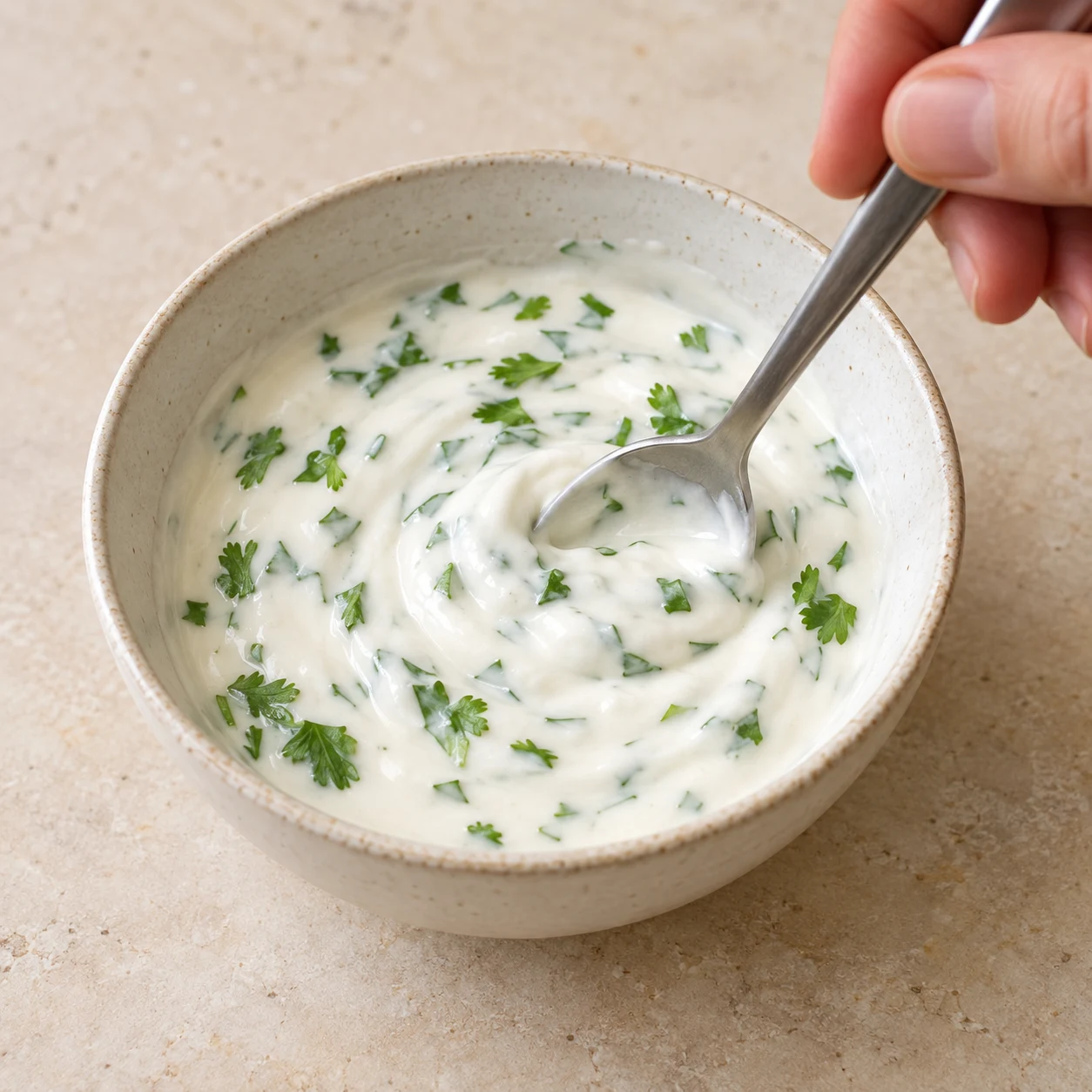 Petit bol de sauce blanche végétale et coriandre, cuillère mélangeant ; aucune galette dans ce bol.
