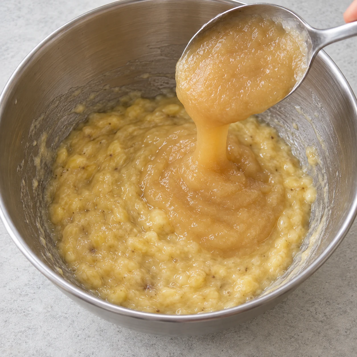 Une cuillère verse la compote dans la purée de banane, aucun œuf.