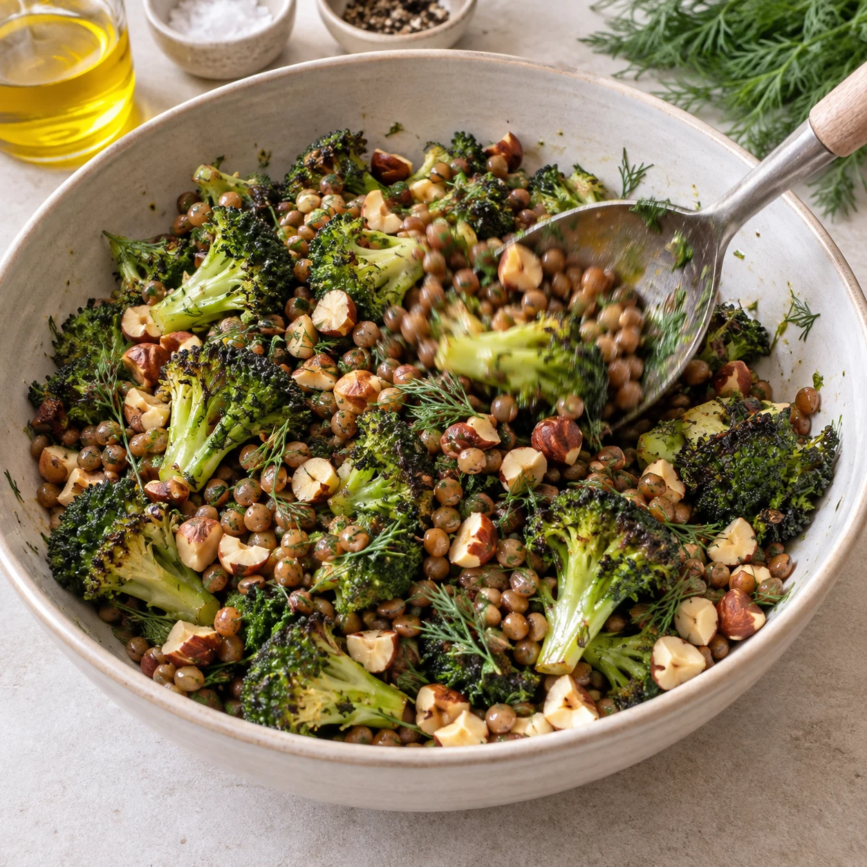Salade de brocoli rôti, lentilles préparées, noisettes concassées et aneth dans un bol, sans crème.