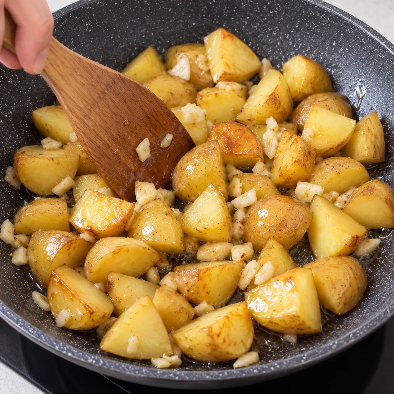 Pommes de terre et ail émincé dans la poêle, début de coloration, sans sauce.