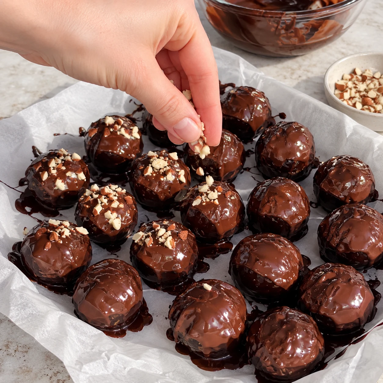 Une main adulte anonyme parsème quelques éclats d’amandes avec peau sur des boulettes encore brillantes posées sur du papier de cuisson.