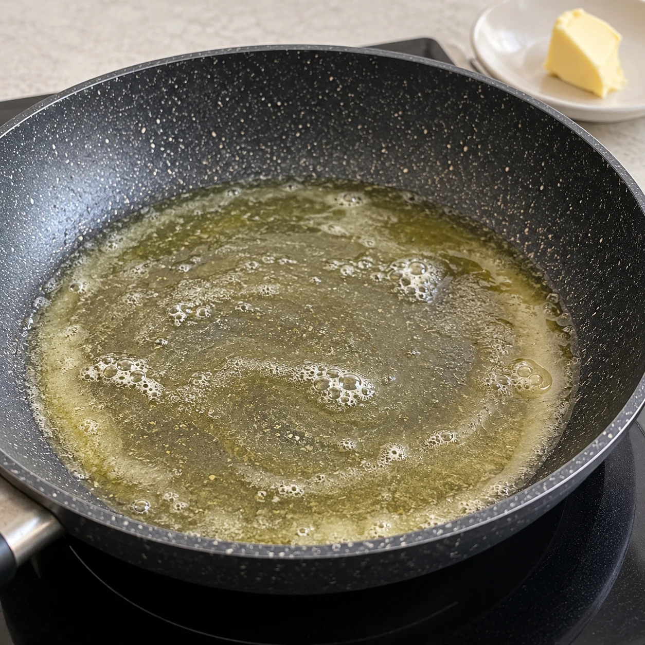 Fais fondre les deux tiers des 50 g de margarine dans une poêle. Réserve le dernier tiers pour l’ail. Résultat : La margarine est fondue et tapisse le fond de la poêle.