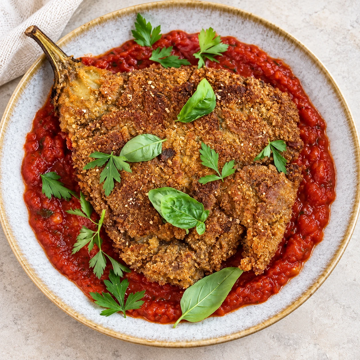 Servez l’aubergine panée sur la sauce tomate aux herbes et déposez quelques feuilles de basilic et de persil plat pour le service, comme dans la recette d’origine. Montrer une seule phase de préparation, sans texte et sans personne identifiable.
