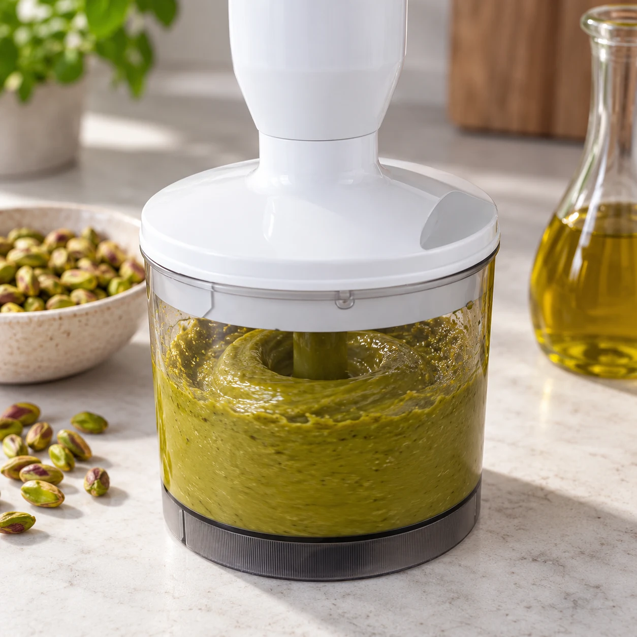 Mixeur fermé en fonctionnement contenant une crème de pistaches olive-vert ; aucune main près des lames.